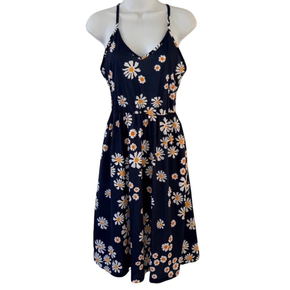 Navy Blue White Daisy Spaghetti Strap Cutout Tie Back Midi Dress Sz S NEW No Tag
